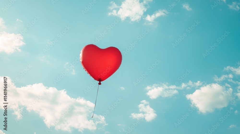 Fototapeta premium Heart Balloon flying on the sky over the cloud,Red helium balloon,Glossy heart with reflection foil balloon,anniversary wedding,Valentine day,Love symbol,holiday card,copy space.