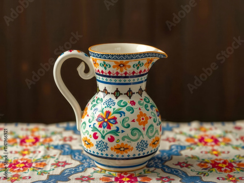 A colorful pitcher with flowers painted on it sits on a table. The pitcher is made of white ceramic and has a blue and yellow design. The tablecloth underneath the pitcher is colorful