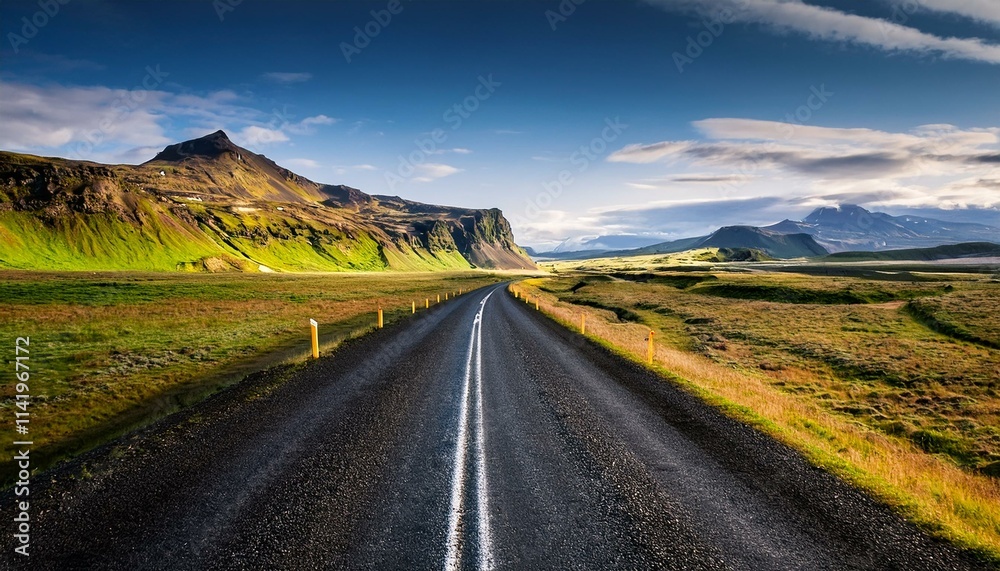 Naklejka premium Scenic Road Through Breathtaking Icelandic Landscape Representing Freedom. Adventure and Vanlife