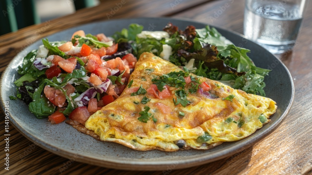 A colorful veggie omelet with a side salad, served on a rustic wooden table with a glass of water A colorful veggie omelet with a side salad, served on a rustic wooden table with a glass of water