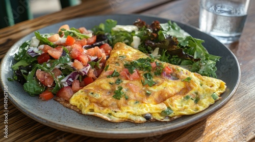 A colorful veggie omelet with a side salad, served on a rustic wooden table with a glass of water