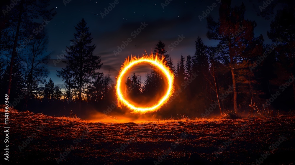 Enigmatic Circle of Fire Glowing Brightly Against a Night Sky Surrounded by Dark Silhouettes of Trees Under a Quiet Starry Sky in a Forest Landscape Enigmatic Circle of Fire Glowing Brightly Against a Night Sky Surrounded by Dark Silhouettes of Trees Under a Quiet Starry Sky in a Forest Landscape