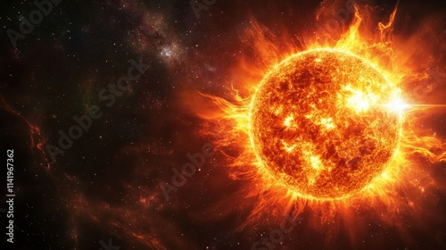 A fiery sun radiating bright light and flares against a dark starry background in space