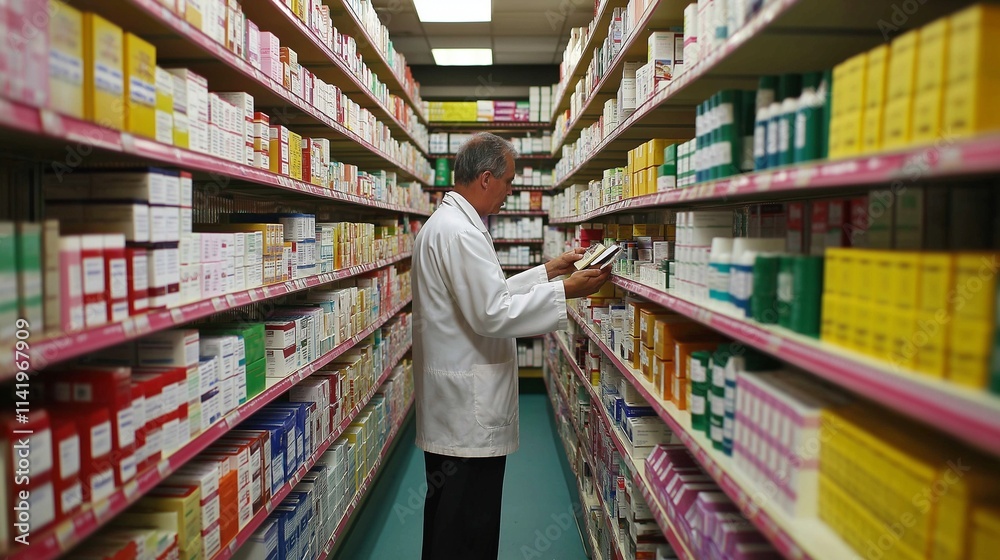 Fototapeta premium well-organized pharmacy, shelves stocked with colorful, neatly arranged medicine boxes