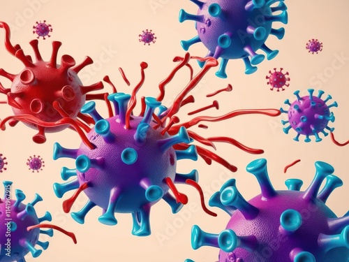 Immune system antibody prevention concept. Colorful 3D representation of viruses with spikes and strands, illustrating microbial interactions and scientific concepts. photo