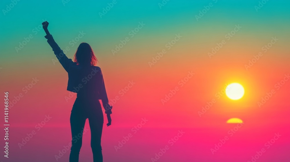 Fototapeta premium Woman Silhouetted Against Vibrant Sunset Triumphantly Raising Arm