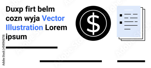 Dollar sign in black circle adjacent to stacked documents, lorem ipsum text blocks throughout. Ideal for finance, accounting, budgeting, bookkeeping, reports, business, marketing. Landing page