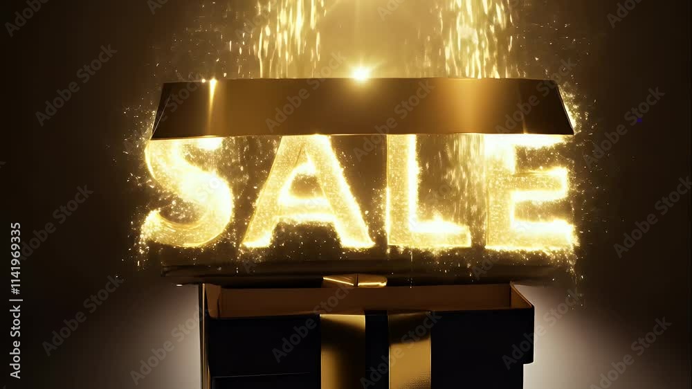 luxurious black box with gold ribbons bursting open, with 'SALE' text flying out letter by letter in golden light