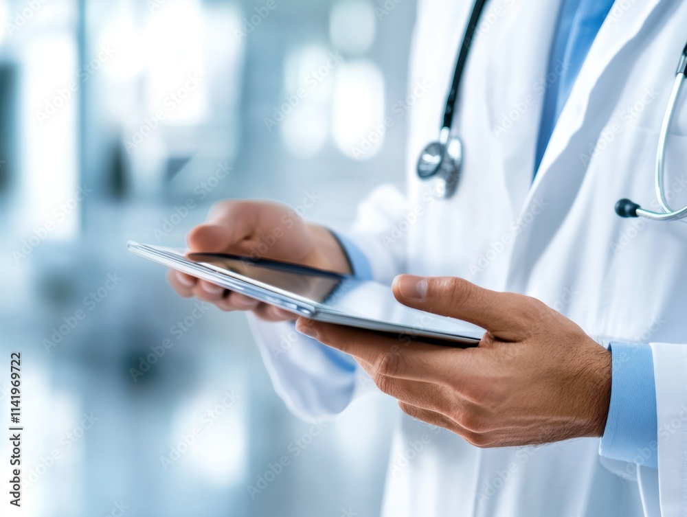 A doctor using a digital tablet in a bright clinical environment, symbolizing modern healthcare technology.
