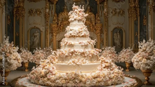 Large, ornate wedding cake with multiple tiers, adorned with elaborate floral decorations, displayed in a lavish, golden interior. photo