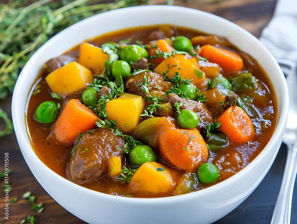 Hearty vegetable stew simmering with tender beef pieces, showcasing vibrant colors and rich flavors in a rustic bowl, served warm in a cozy kitchen setting during the fall season Hearty vegetable stew simmering with tender beef pieces, showcasing vibrant colors and rich flavors in a rustic bowl, served warm in a cozy kitchen setting during the fall season
