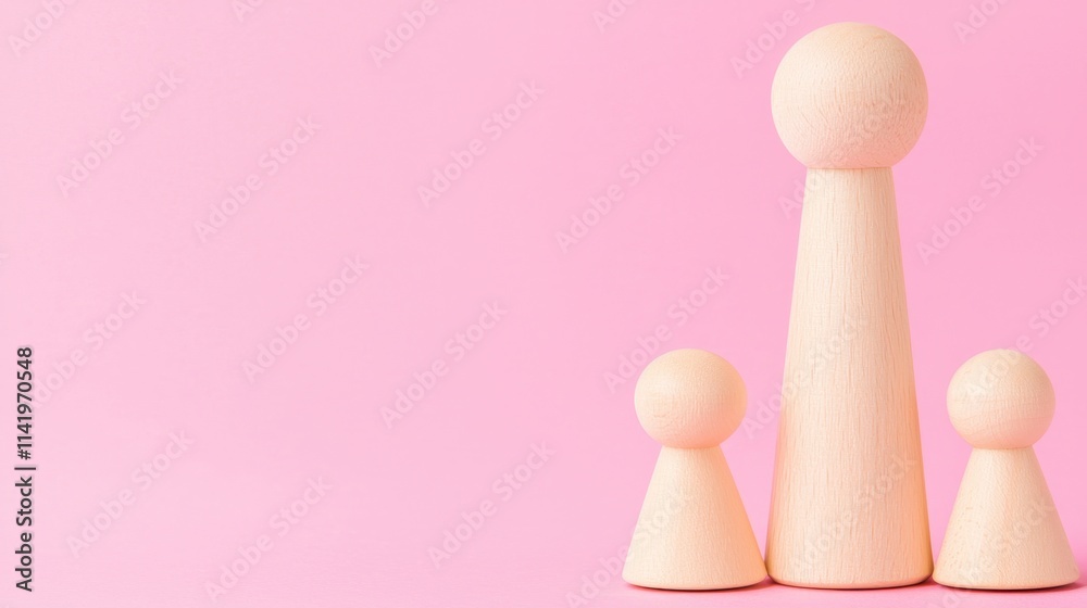 Three wooden figures in varying sizes stand on a pink background, symbolizing family or community dynamics. Three wooden figures in varying sizes stand on a pink background, symbolizing family or community dynamics.