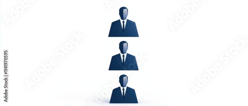 The image features three stylized blue silhouettes of business professionals stacked vertically, symbolizing teamwork and hierarchy.