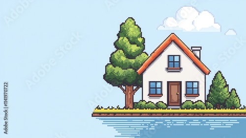 A pixel art style house with a tree beside it, set against a light blue background, reflecting on calm water.