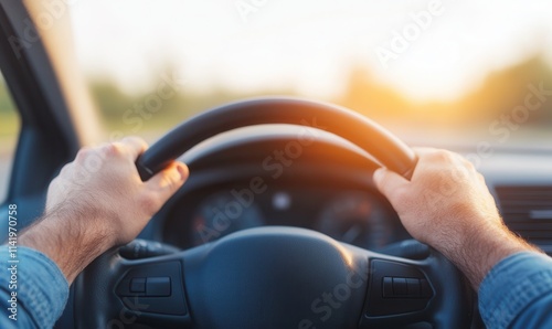 A close-up of hands gripping a steering wheel, with sunlight streaming through the car window, symbolizing freedom and adventure on the road.