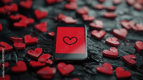 A smartphone displaying a heart icon surrounded by scattered red heart shapes on a textured background, symbolizing love and romance.