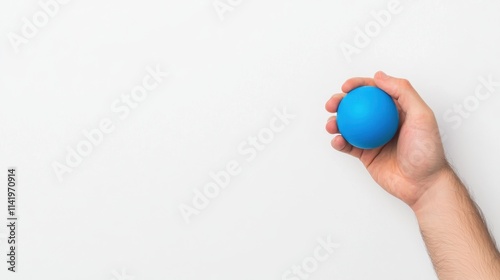 A hand holding a blue ball against a plain white background, emphasizing simplicity and focus on color and texture.