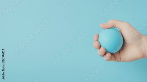 A hand holds a blue ball against a light blue background, emphasizing simplicity and focus on the object.