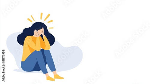 A woman sits with her head in her hands, expressing distress or anxiety, surrounded by soft colors and abstract shapes.