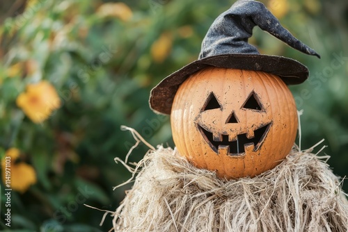 A cheerful Halloween pumpkin with a witch's hat sits atop a haystack, surrounded by vibrant greenery and flowers.