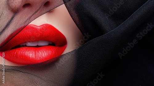 A close-up of a woman's lips adorned with vibrant red lipstick, partially obscured by a delicate black veil, creating a striking contrast.