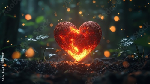A glowing, fiery heart surrounded by lush greenery and soft light, symbolizing love and passion in a magical forest setting.