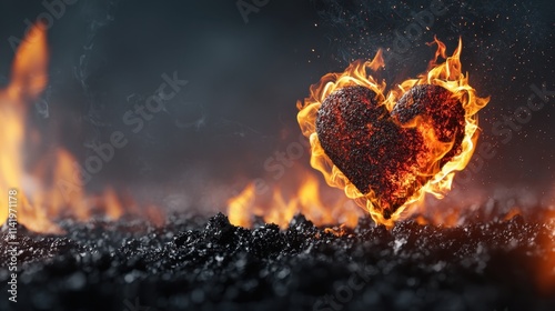 A fiery heart symbolizing passion and intensity emerges from a dark, smoky background, radiating warmth amidst the flames.