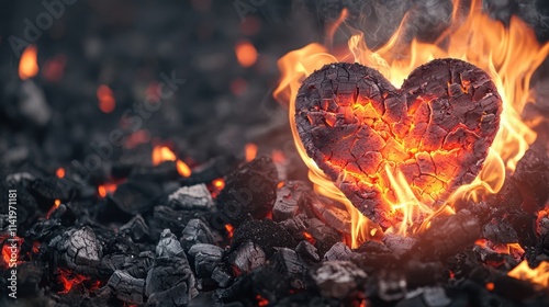 A glowing heart-shaped coal burns amid dark embers, symbolizing passion and warmth in a striking contrast of fire and ash.