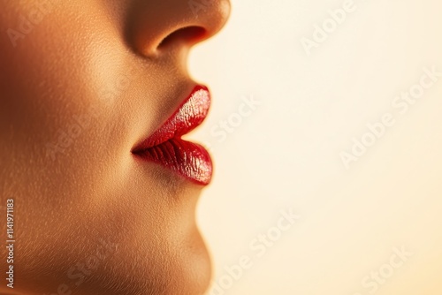 A close-up image focusing on a woman's lips, showcasing a glossy red lipstick against a soft, blurred background.
