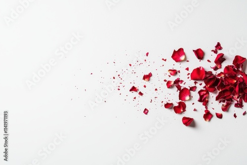 A scattering of vibrant red rose petals on a white surface, creating a romantic and delicate aesthetic.