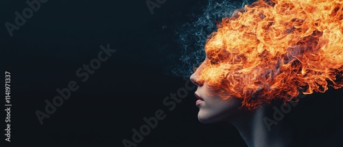 A surreal image depicting a profile of a person with a head engulfed in vibrant flames and smoke against a dark background.