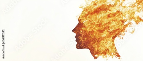 A silhouette of a head made of flames, symbolizing intense emotions, creativity, or transformation against a minimalistic white background.