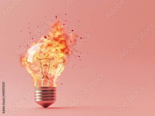 A glowing light bulb bursts into flames, symbolizing innovation and creativity against a soft pink background.