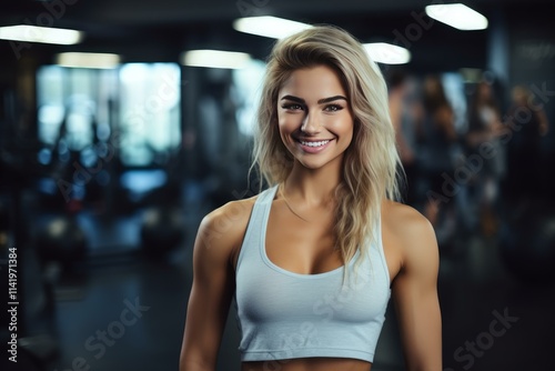 Portrait of a cheerful fitness model smiling in a modern gym