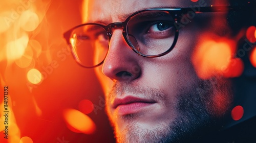 A close-up portrait of a serious-looking man wearing glasses, with a dramatic, fiery background creating a captivating atmosphere.