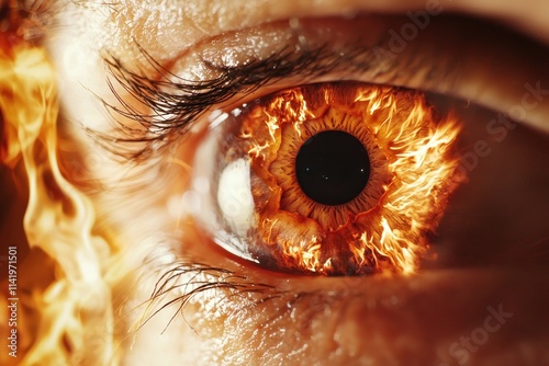 A close-up of an eye with fiery, glowing effects, creating a striking and intense visual representation.