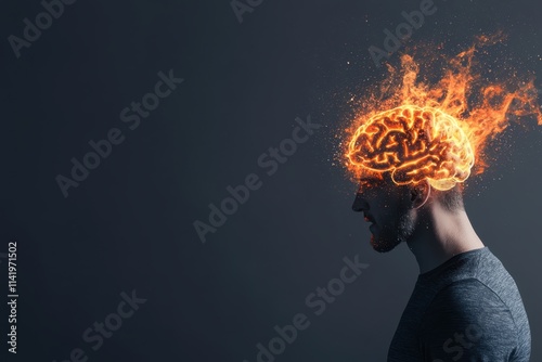 A silhouette of a man with a fiery, glowing brain, symbolizing intense thoughts, creativity, or mental struggle against a dark background.