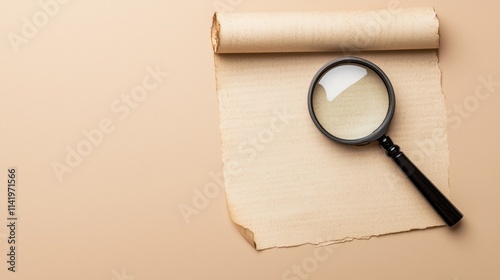A magnifying glass rests on a rolled piece of parchment paper against a light background, suggesting exploration or examination.