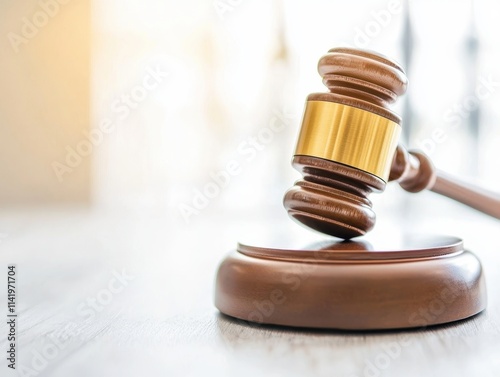 A close-up of a wooden gavel resting on its block, symbolizing justice and authority in a courtroom setting.