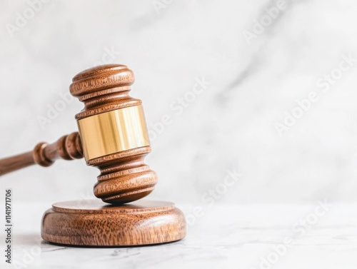 A wooden gavel rests on a marble surface, symbolizing justice and legal proceedings in a courtroom setting.