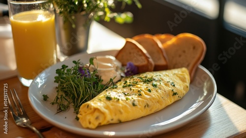 A golden omelet served on a white plate, garnished with fresh herbs and paired with toast and juice on a wooden breakfast table photo