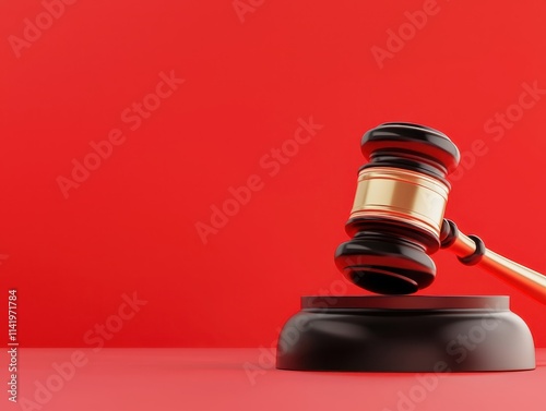 A wooden gavel rests on a black base against a vibrant red background, symbolizing justice and legal proceedings.