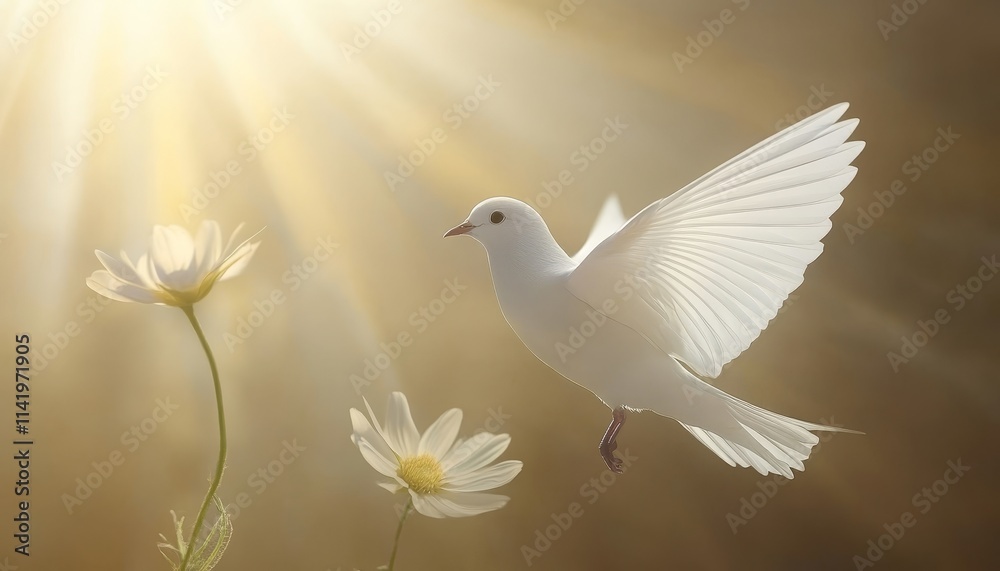Fototapeta premium White Dove Soaring in Sunlight with Daisies, Symbolic of Hope, Peace, and New Beginnings