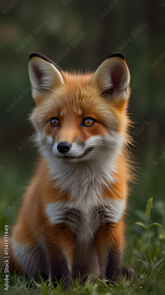 Fototapeta premium Close-up of a smiling baby fox, vibrant orange fur with white chest, inquisitive amber eyes, playful expression, natural brushstrokes