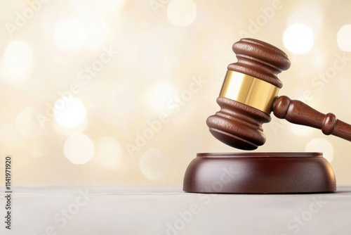 A wooden gavel rests on a sound block, symbolizing justice and authority against a soft, blurred golden background.
