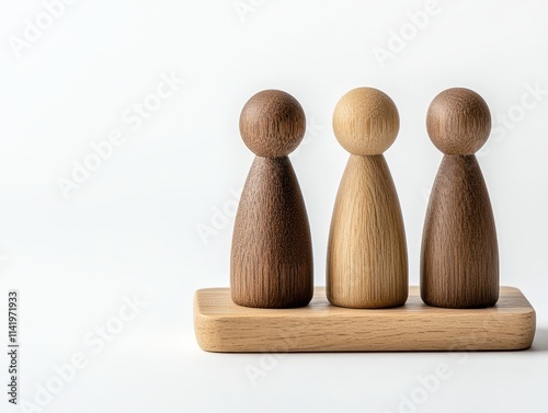 Three wooden figurines on a base, showcasing a minimalist design with varying shades, symbolizing unity and creativity in decor.