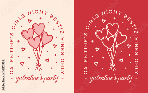 Galentine's day party girls night bestie vibes only best friend Valentine sleepover printable invitation card. Preppy pink red retro 80s heart balloons aesthetic fun quotes shirt design print decor.