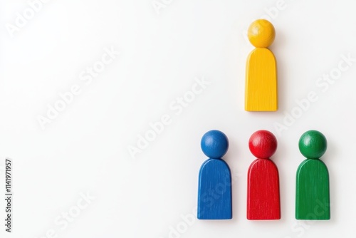 The image features colorful wooden figurines arranged in a hierarchical structure, showcasing a leader and team members in vibrant hues.
