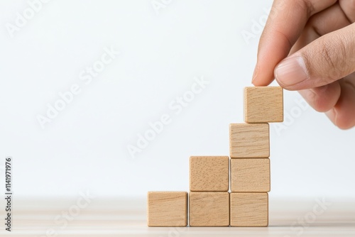 A hand places a wooden block on top of a stack, symbolizing growth, building, and progress in a minimalistic setting.