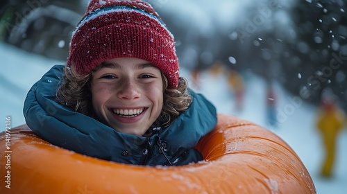 Happy Child Snow Tubing Winter Fun Outdoors